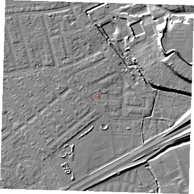 Shaded relief map of the ground around E66BD, computed from Environment Agency LiDAR. The ground here sits at about 3 m above sea level and falls 15 m across the surrounding 800 m. Surface water reaching this point runs off ground lying to the west-north-west, 1.1 m higher.