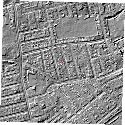 Shaded relief map of the ground around E66BH, computed from Environment Agency LiDAR. The ground here sits at about 4 m above sea level and falls 7 m across the surrounding 800 m. Surface water reaching this point runs off ground lying to the north-north-west, 1.1 m higher.