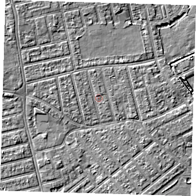 Shaded relief map of the ground around E66BJ, computed from Environment Agency LiDAR. The ground here sits at about 4 m above sea level and falls 6 m across the surrounding 800 m. Surface water reaching this point runs off ground lying to the north-west, 1.2 m higher.