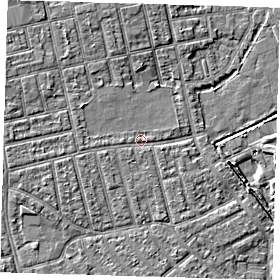 Shaded relief map of the ground around E66BL, computed from Environment Agency LiDAR. The ground here sits at about 4 m above sea level and falls 8 m across the surrounding 800 m. Surface water reaching this point runs off ground lying to the west, 1.3 m higher.