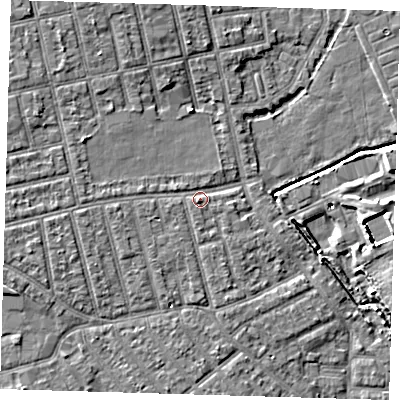 Shaded relief map of the ground around E66BN, computed from Environment Agency LiDAR. The ground here sits at about 4 m above sea level and falls 8 m across the surrounding 800 m. Surface water reaching this point runs off ground lying to the west, 1.8 m higher.