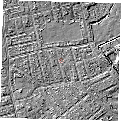 Shaded relief map of the ground around E66BP, computed from Environment Agency LiDAR. The ground here sits at about 4 m above sea level and falls 8 m across the surrounding 800 m. Surface water reaching this point runs off ground lying to the north-west, 0.9 m higher.