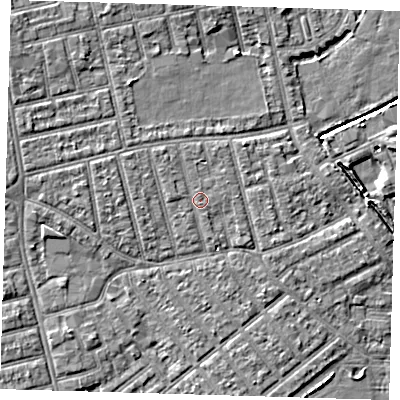 Shaded relief map of the ground around E66BS, computed from Environment Agency LiDAR. The ground here sits at about 4 m above sea level and falls 8 m across the surrounding 800 m. Surface water reaching this point runs off ground lying to the north-west, 1.0 m higher.