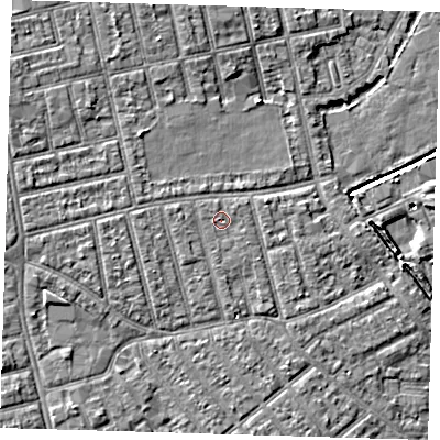 Shaded relief map of the ground around E66BT, computed from Environment Agency LiDAR. The ground here sits at about 4 m above sea level and falls 8 m across the surrounding 800 m. Surface water reaching this point runs off ground lying to the north-north-west, 0.8 m higher.