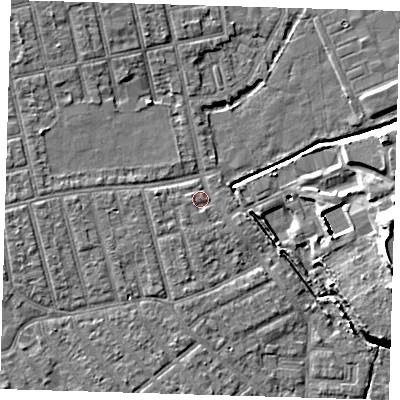 Shaded relief map of the ground around E66BU, computed from Environment Agency LiDAR. The ground here sits at about 4 m above sea level and falls 15 m across the surrounding 800 m. Surface water reaching this point runs off ground lying to the south-south-west, 1.6 m higher.