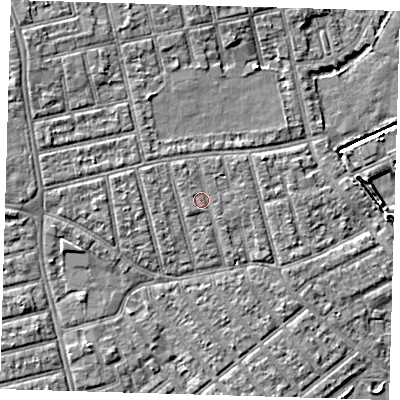 Shaded relief map of the ground around E66BW, computed from Environment Agency LiDAR. The ground here sits at about 4 m above sea level and falls 6 m across the surrounding 800 m. Surface water reaching this point runs off ground lying to the north-north-west, 0.9 m higher.