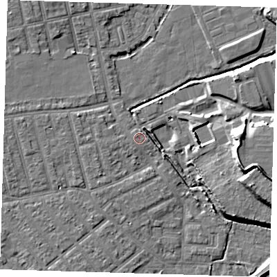 Shaded relief map of the ground around E66BX, computed from Environment Agency LiDAR. The ground here sits at about 3 m above sea level and falls 15 m across the surrounding 800 m. Surface water reaching this point runs off ground lying to the north-west, 1.2 m higher.