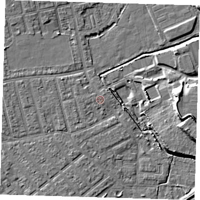Shaded relief map of the ground around E66BY, computed from Environment Agency LiDAR. The ground here sits at about 3 m above sea level and falls 15 m across the surrounding 800 m. Surface water reaching this point runs off ground lying to the west-north-west, 0.8 m higher.