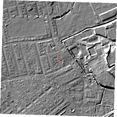 Shaded relief map of the ground around E66BZ, computed from Environment Agency LiDAR. The ground here sits at about 3 m above sea level and falls 15 m across the surrounding 800 m. Surface water reaching this point runs off ground lying to the west, 1.0 m higher.