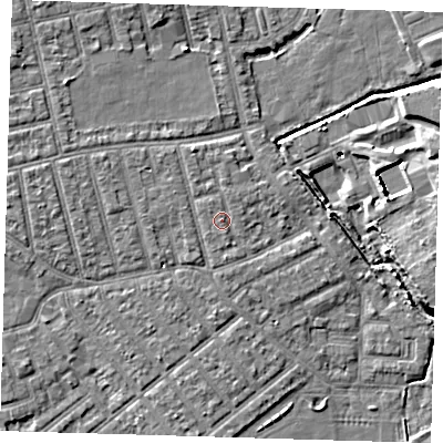 Shaded relief map of the ground around E66DA, computed from Environment Agency LiDAR. The ground here sits at about 4 m above sea level and falls 8 m across the surrounding 800 m. Surface water reaching this point runs off ground lying to the north-north-west, 0.8 m higher.