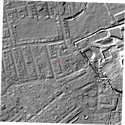 Shaded relief map of the ground around E66DB, computed from Environment Agency LiDAR. The ground here sits at about 4 m above sea level and falls 15 m across the surrounding 800 m. Surface water reaching this point runs off ground lying to the north-west, 0.8 m higher.