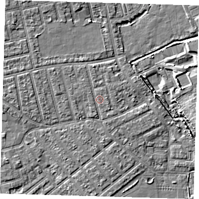 Shaded relief map of the ground around E66DD, computed from Environment Agency LiDAR. The ground here sits at about 4 m above sea level and falls 8 m across the surrounding 800 m. Surface water reaching this point runs off ground lying to the north-north-west, 0.9 m higher.