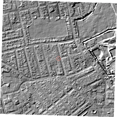 Shaded relief map of the ground around E66DE, computed from Environment Agency LiDAR. The ground here sits at about 4 m above sea level and falls 7 m across the surrounding 800 m. Surface water reaching this point runs off ground lying to the north-west, 0.8 m higher.