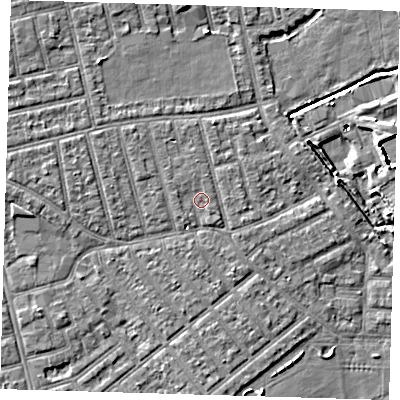 Shaded relief map of the ground around E66DF, computed from Environment Agency LiDAR. The ground here sits at about 4 m above sea level and falls 7 m across the surrounding 800 m. Surface water reaching this point runs off ground lying to the north-north-west, 1.0 m higher.
