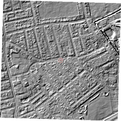 Shaded relief map of the ground around E66DG, computed from Environment Agency LiDAR. The ground here sits at about 4 m above sea level and falls 7 m across the surrounding 800 m. Surface water reaching this point runs off ground lying to the north-north-west, 1.6 m higher.