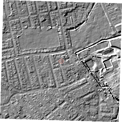 Shaded relief map of the ground around E66DH, computed from Environment Agency LiDAR. The ground here sits at about 4 m above sea level and falls 8 m across the surrounding 800 m. Surface water reaching this point runs off ground lying to the west-south-west, 0.8 m higher.