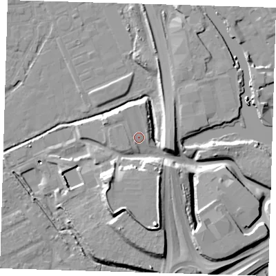 Shaded relief map of the ground around E66DJ, computed from Environment Agency LiDAR. The ground here sits at about 6 m above sea level and falls 17 m across the surrounding 800 m. Surface water reaching this point runs off ground lying to the north-west, 2.0 m higher.