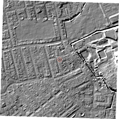 Shaded relief map of the ground around E66DL, computed from Environment Agency LiDAR. The ground here sits at about 4 m above sea level and falls 15 m across the surrounding 800 m. Surface water reaching this point runs off ground lying to the west-north-west, 0.8 m higher.