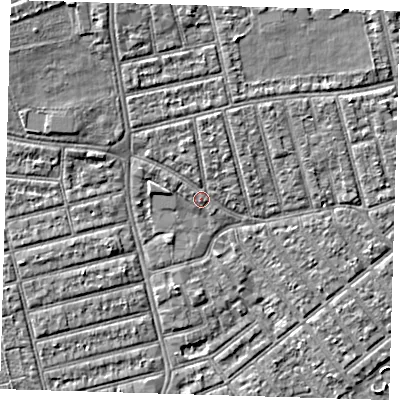 Shaded relief map of the ground around E66DP, computed from Environment Agency LiDAR. The ground here sits at about 4 m above sea level and falls 6 m across the surrounding 800 m. Surface water reaching this point runs off ground lying to the north, 1.8 m higher.