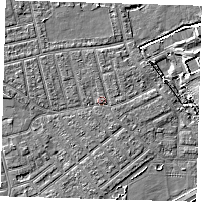Shaded relief map of the ground around E66DQ, computed from Environment Agency LiDAR. The ground here sits at about 4 m above sea level and falls 8 m across the surrounding 800 m. Surface water reaching this point runs off ground lying to the north-north-west, 2.2 m higher.