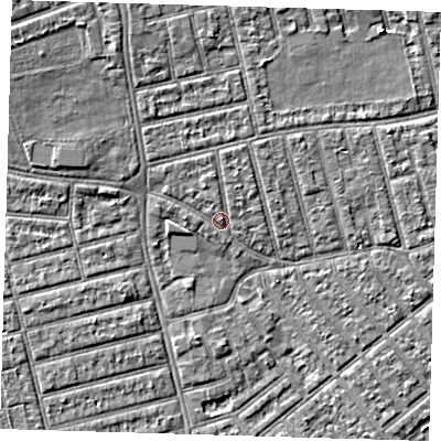 Shaded relief map of the ground around E66DR, computed from Environment Agency LiDAR. The ground here sits at about 4 m above sea level and falls 6 m across the surrounding 800 m. Surface water reaching this point runs off ground lying to the north-north-east, 1.7 m higher.