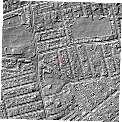 Shaded relief map of the ground around E66DS, computed from Environment Agency LiDAR. The ground here sits at about 5 m above sea level and falls 7 m across the surrounding 800 m. Surface water reaching this point runs off ground lying to the north-north-east, 1.0 m higher.