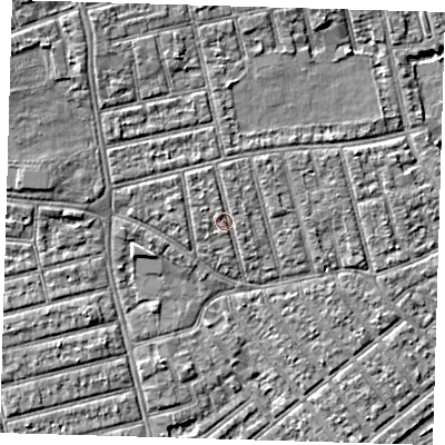 Shaded relief map of the ground around E66DT, computed from Environment Agency LiDAR. The ground here sits at about 4 m above sea level and falls 6 m across the surrounding 800 m. Surface water reaching this point runs off ground lying to the north-north-west, 1.0 m higher.