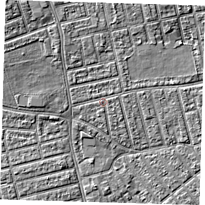 Shaded relief map of the ground around E66DU, computed from Environment Agency LiDAR. The ground here sits at about 5 m above sea level and falls 8 m across the surrounding 800 m. Surface water reaching this point runs off ground lying to the north-east, 0.7 m higher.