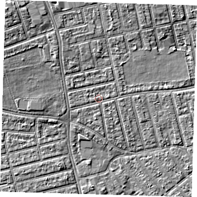 Shaded relief map of the ground around E66DX, computed from Environment Agency LiDAR. The ground here sits at about 5 m above sea level and falls 8 m across the surrounding 800 m. Surface water reaching this point runs off ground lying to the east, 0.7 m higher.