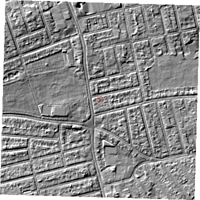 Shaded relief map of the ground around E66DY, computed from Environment Agency LiDAR. The ground here sits at about 5 m above sea level and falls 7 m across the surrounding 800 m. Surface water reaching this point runs off ground lying to the north-north-west, 2.1 m higher.