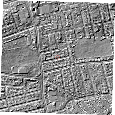 Shaded relief map of the ground around E66DZ, computed from Environment Agency LiDAR. The ground here sits at about 5 m above sea level and falls 7 m across the surrounding 800 m. Surface water reaching this point runs off ground lying to the north-west, 2.1 m higher.