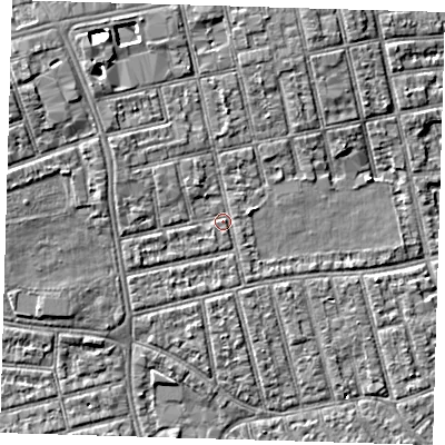 Shaded relief map of the ground around E66EA, computed from Environment Agency LiDAR. The ground here sits at about 5 m above sea level and falls 7 m across the surrounding 800 m. Surface water reaching this point runs off ground lying to the west-north-west, 2.0 m higher.