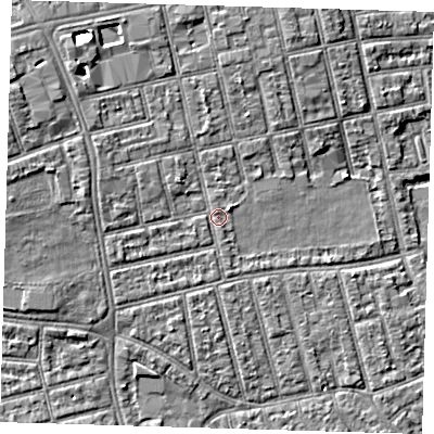 Shaded relief map of the ground around E66EB, computed from Environment Agency LiDAR. The ground here sits at about 5 m above sea level and falls 7 m across the surrounding 800 m. Surface water reaching this point runs off ground lying to the west-north-west, 2.0 m higher.