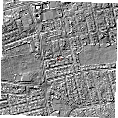 Shaded relief map of the ground around E66ED, computed from Environment Agency LiDAR. The ground here sits at about 5 m above sea level and falls 7 m across the surrounding 800 m. Surface water reaching this point runs off ground lying to the north-west, 1.8 m higher.