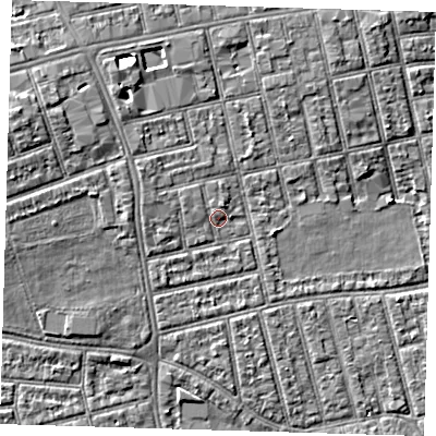 Shaded relief map of the ground around E66EE, computed from Environment Agency LiDAR. The ground here sits at about 5 m above sea level and falls 7 m across the surrounding 800 m. Surface water reaching this point runs off ground lying to the west-north-west, 1.0 m higher.