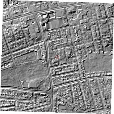 Shaded relief map of the ground around E66EF, computed from Environment Agency LiDAR. The ground here sits at about 6 m above sea level and falls 7 m across the surrounding 800 m. Surface water reaching this point runs off ground lying to the north-west, 1.0 m higher.