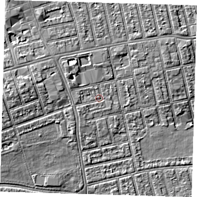 Shaded relief map of the ground around E66EG, computed from Environment Agency LiDAR. The ground here sits at about 6 m above sea level and falls 7 m across the surrounding 800 m. Surface water reaching this point runs off ground lying to the west-north-west, 1.4 m higher.