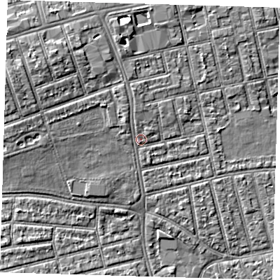 Shaded relief map of the ground around E66EJ, computed from Environment Agency LiDAR. The ground here sits at about 5 m above sea level and falls 7 m across the surrounding 800 m. Surface water reaching this point runs off ground lying to the north, 1.6 m higher.
