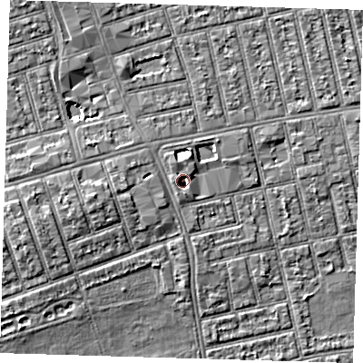 Shaded relief map of the ground around E66EL, computed from Environment Agency LiDAR. The ground here sits at about 6 m above sea level and falls 5 m across the surrounding 800 m. Surface water reaching this point runs off ground lying to the north-north-west, 2.1 m higher.