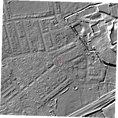 Shaded relief map of the ground around E66EP, computed from Environment Agency LiDAR. The ground here sits at about 3 m above sea level and falls 15 m across the surrounding 800 m. Surface water reaching this point runs off ground lying to the west-south-west, 0.8 m higher.