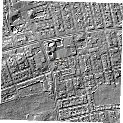 Shaded relief map of the ground around E66EQ, computed from Environment Agency LiDAR. The ground here sits at about 6 m above sea level and falls 6 m across the surrounding 800 m. Surface water reaching this point runs off ground lying to the north-west, 2.7 m higher.