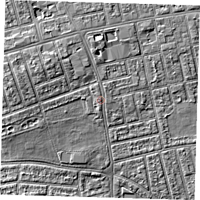 Shaded relief map of the ground around E66ET, computed from Environment Agency LiDAR. The ground here sits at about 7 m above sea level and falls 6 m across the surrounding 800 m. Surface water reaching this point runs off ground lying to the north-west, 3.2 m higher.