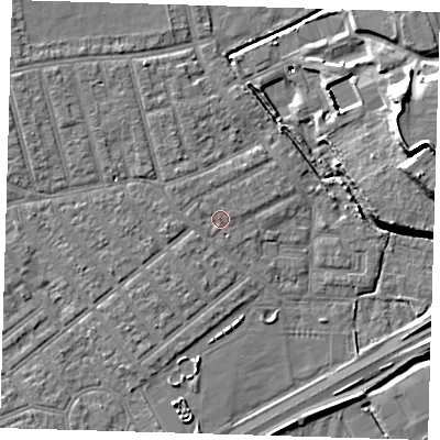 Shaded relief map of the ground around E66EW, computed from Environment Agency LiDAR. The ground here sits at about 3 m above sea level and falls 15 m across the surrounding 800 m. Surface water reaching this point runs off ground lying to the north-north-west, 0.8 m higher.