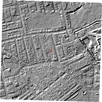 Shaded relief map of the ground around E66FA, computed from Environment Agency LiDAR. The ground here sits at about 4 m above sea level and falls 7 m across the surrounding 800 m. Surface water reaching this point runs off ground lying to the north-north-west, 0.9 m higher.