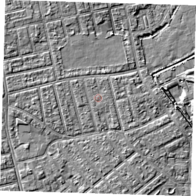 Shaded relief map of the ground around E66FB, computed from Environment Agency LiDAR. The ground here sits at about 4 m above sea level and falls 8 m across the surrounding 800 m. Surface water reaching this point runs off ground lying to the north-north-west, 0.8 m higher.