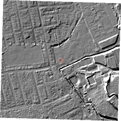 Shaded relief map of the ground around E66FE, computed from Environment Agency LiDAR. The ground here sits at about 2 m above sea level and falls 15 m across the surrounding 800 m. The ground contributing surface water to this point lies to the south-west.