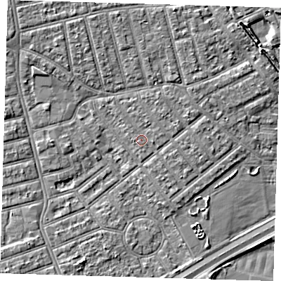 Shaded relief map of the ground around E66HB, computed from Environment Agency LiDAR. The ground here sits at about 3 m above sea level and falls 6 m across the surrounding 800 m. Surface water reaching this point runs off ground lying to the north-east, 1.0 m higher.