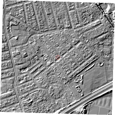 Shaded relief map of the ground around E66HD, computed from Environment Agency LiDAR. The ground here sits at about 3 m above sea level and falls 5 m across the surrounding 800 m. Surface water reaching this point runs off ground lying to the north-north-east, 1.3 m higher.