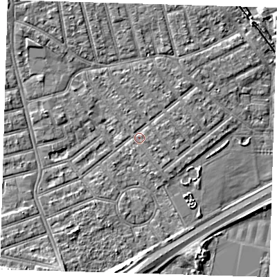Shaded relief map of the ground around E66HE, computed from Environment Agency LiDAR. The ground here sits at about 3 m above sea level and falls 7 m across the surrounding 800 m. Surface water reaching this point runs off ground lying to the north-north-east, 1.4 m higher.