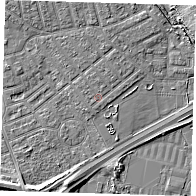 Shaded relief map of the ground around E66HG, computed from Environment Agency LiDAR. The ground here sits at about 3 m above sea level and falls 9 m across the surrounding 800 m. Surface water reaching this point runs off ground lying to the north, 1.0 m higher.